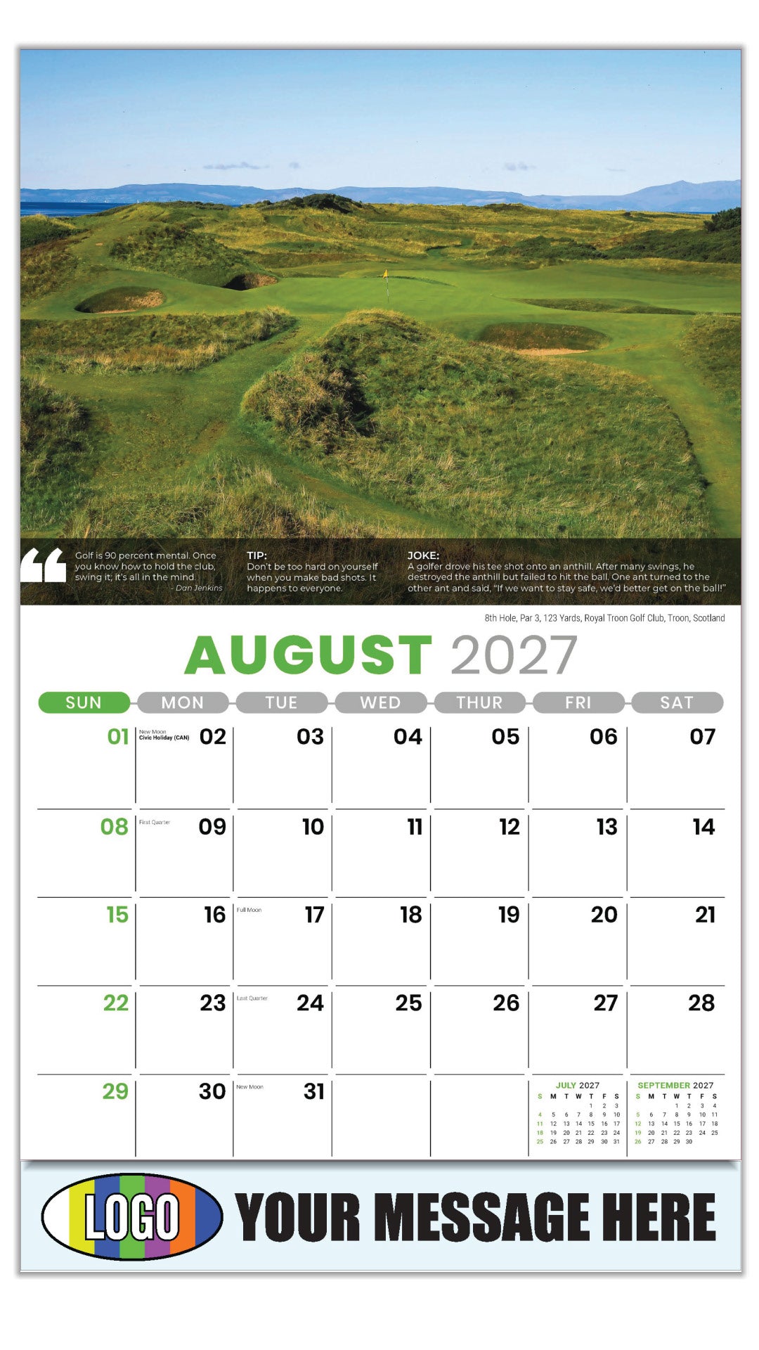 2027 Business Promo Calendar - Golf Tips - 8th Hole, Par 3, 123 Yards, Royal Troon Golf Club, Troon, Scotland  - August