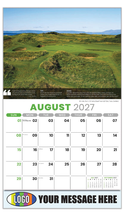 2027 Business Promo Calendar - Golf Tips - 8th Hole, Par 3, 123 Yards, Royal Troon Golf Club, Troon, Scotland  - August