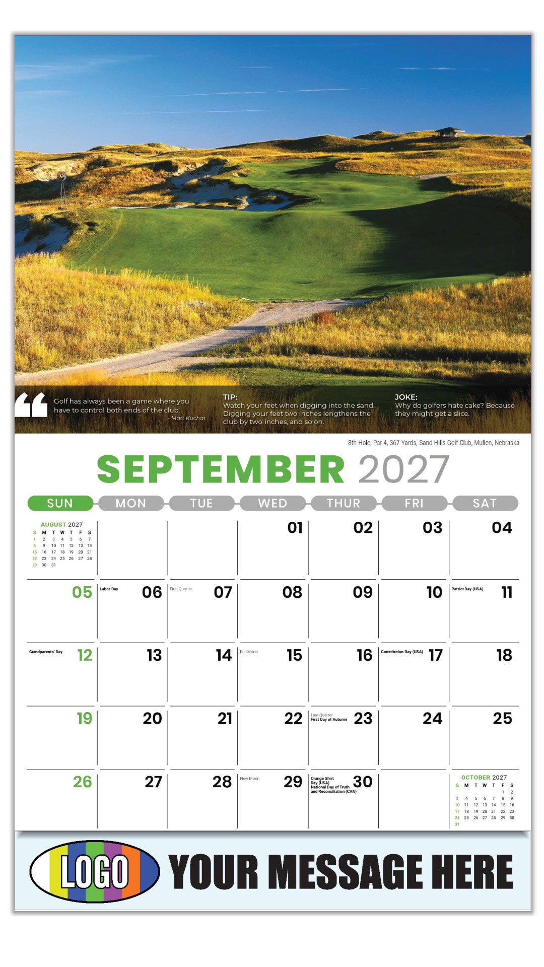 2027 Business Promo Calendar - Golf Tips -  8th Hole, Par 4, 367 Yards, Sand Hills Golf Club, Mullen, Nebraska - September