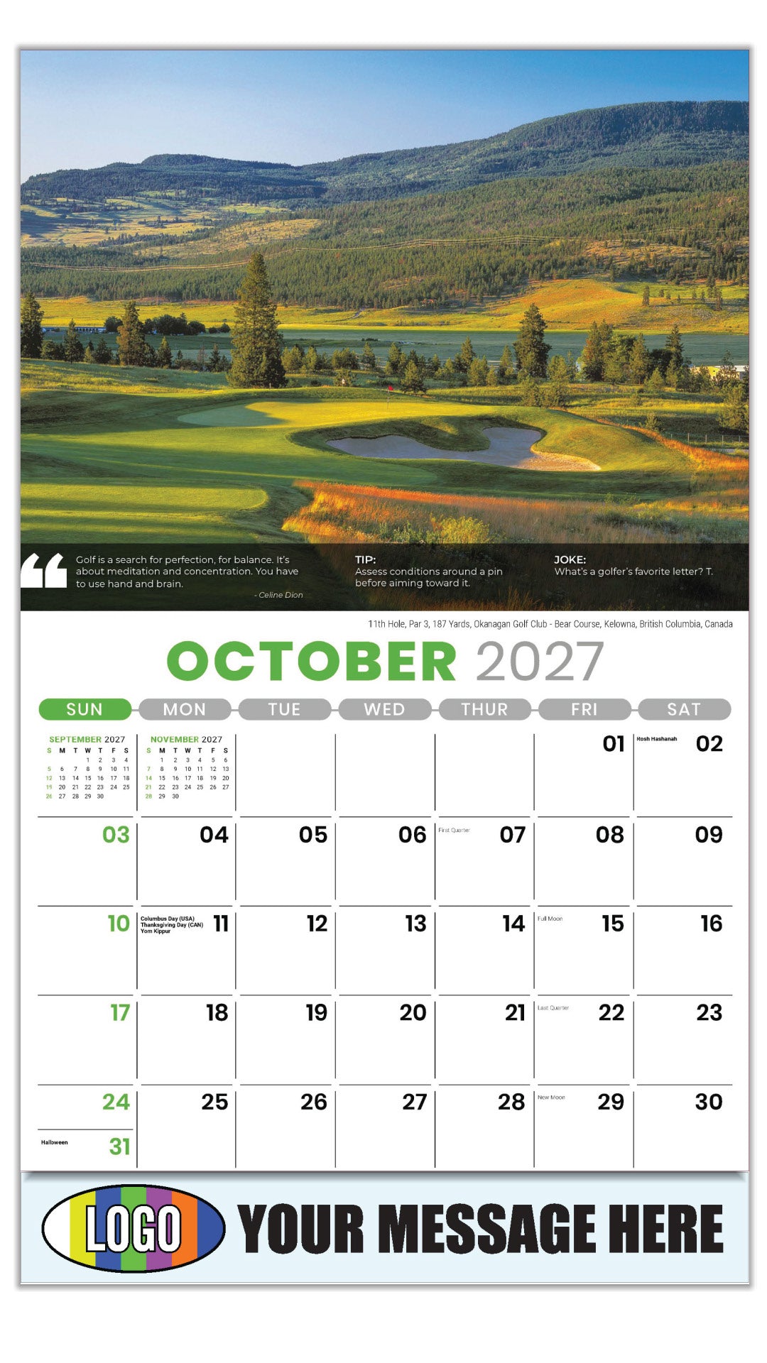 2027 Business Promotion Calendar - Golf Tips -  11th Hole, Par 3, 187 Yards, Okanagan Golf Club- Bear Course, Kelowna, British Columbia, Canada - October