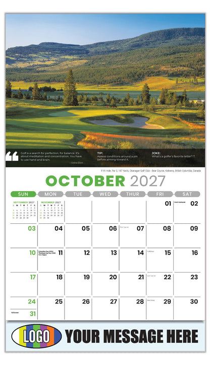 2027 Business Promotion Calendar - Golf Tips -  11th Hole, Par 3, 187 Yards, Okanagan Golf Club- Bear Course, Kelowna, British Columbia, Canada - October