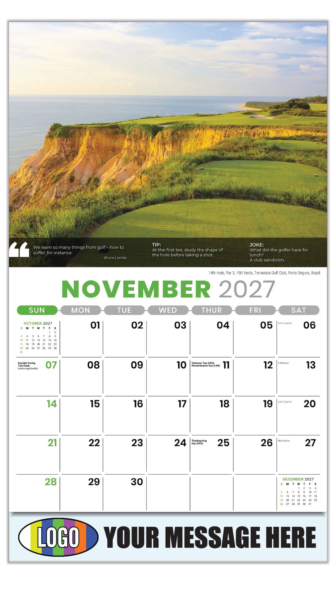 2027 Business Promotion Calendar - Golf Tips - 14th Hole, Par 3, 190 Yards, Terravista Golf Club, Port Seguro, Brazil - November