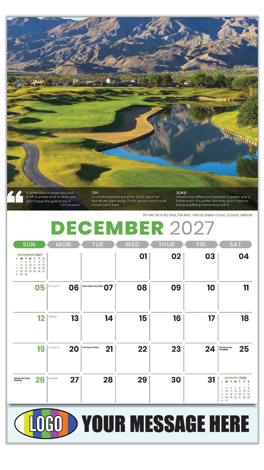 2027 Business Promotion Calendar - Golf Tips - 9th Hole, Par 4, 452 Yards, PGA West- Pete Dye Stadium Course, La Quinta, California - December