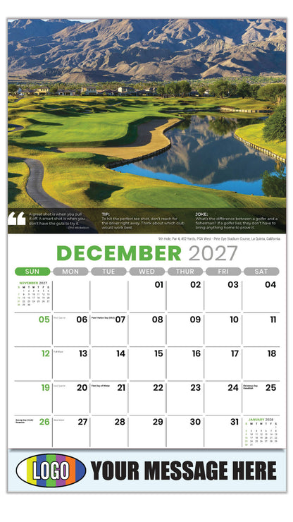 2027 Business Promotion Calendar - Golf Tips - 9th Hole, Par 4, 452 Yards, PGA West- Pete Dye Stadium Course, La Quinta, California - December