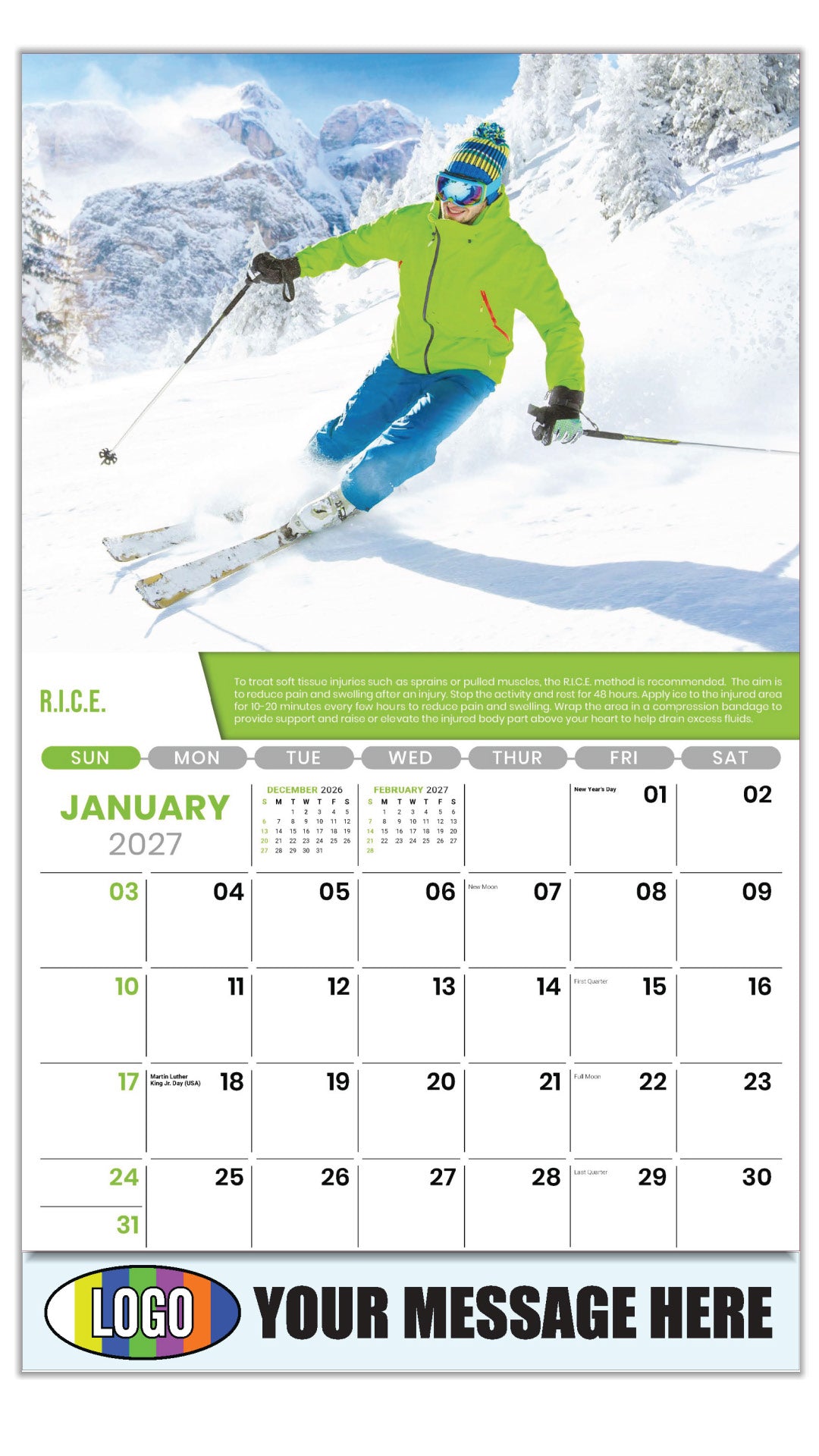 2027 Business Promotional Calendar Health Tips - January - R.I.C.E.