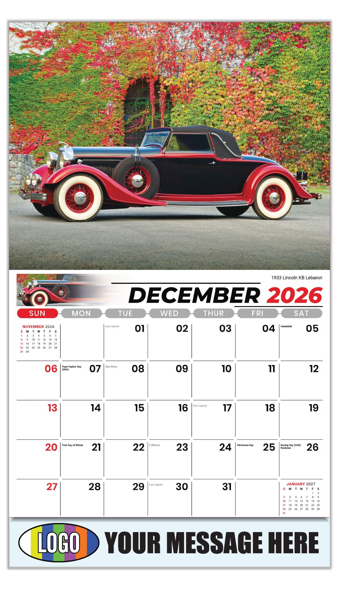 2027 Business Promotional Calendar - Henry's Heritage FORD Cars - 1933 Lincoln KB Lebaron - December_a