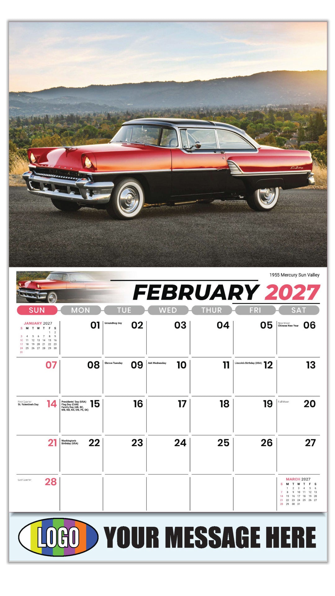 2027 Business Promotional Calendar - Henry's Heritage FORD Cars - 1955 Mercury Sun Valley - February