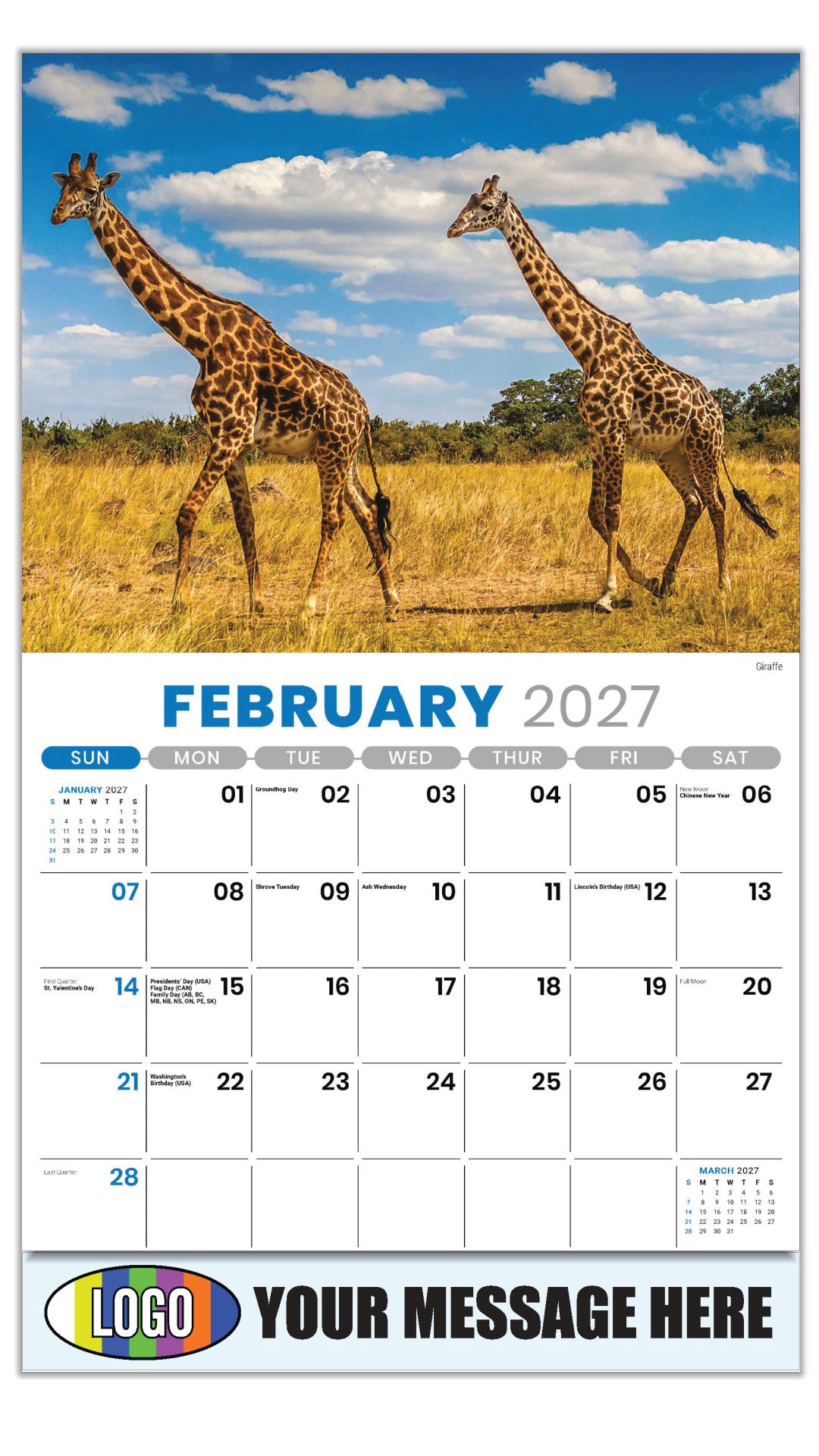 2027 Business Promotional Calendar - International Wildlife - Giraffe - February