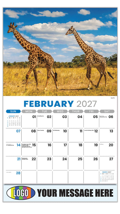 2027 Business Promotional Calendar - International Wildlife - Giraffe - February