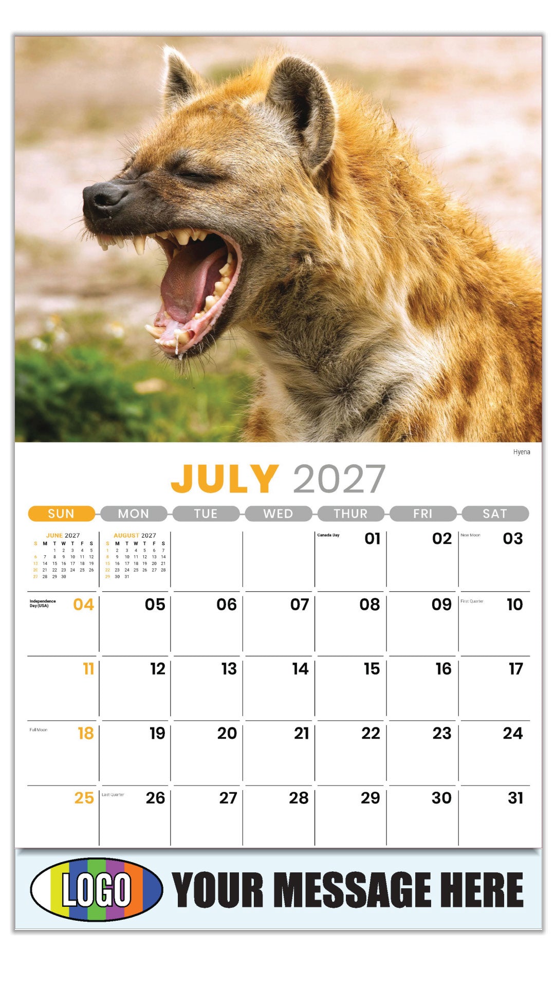 2027 Business Promo Calendar - International Wildlife - Hyena - July