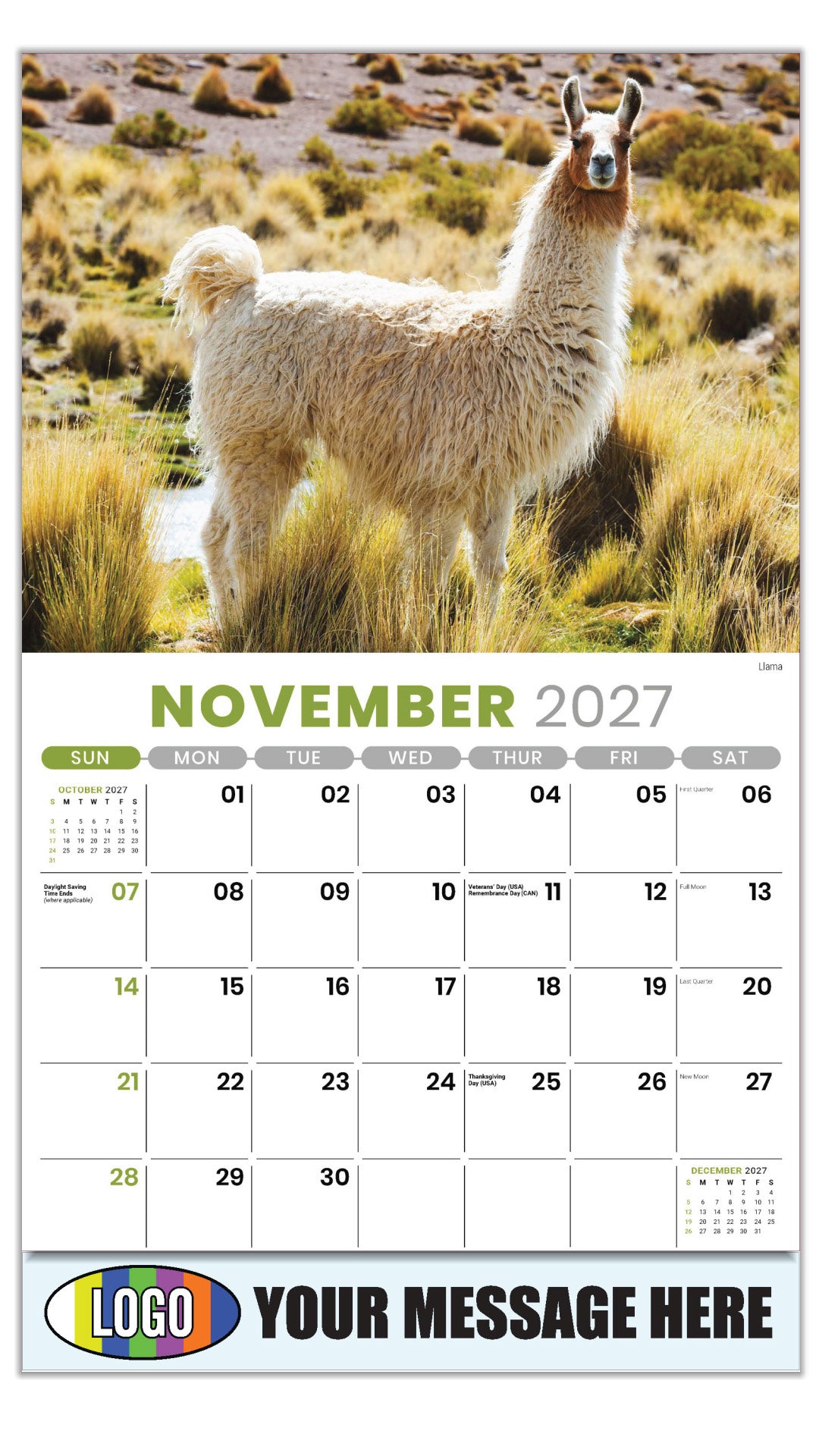 2027 Business Promotion Calendar - International Wildlife - Llama - November