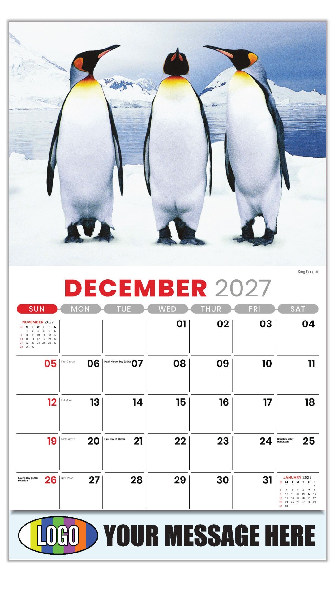 2027 Business Promotion Calendar - International Wildlife - King Penguin - December