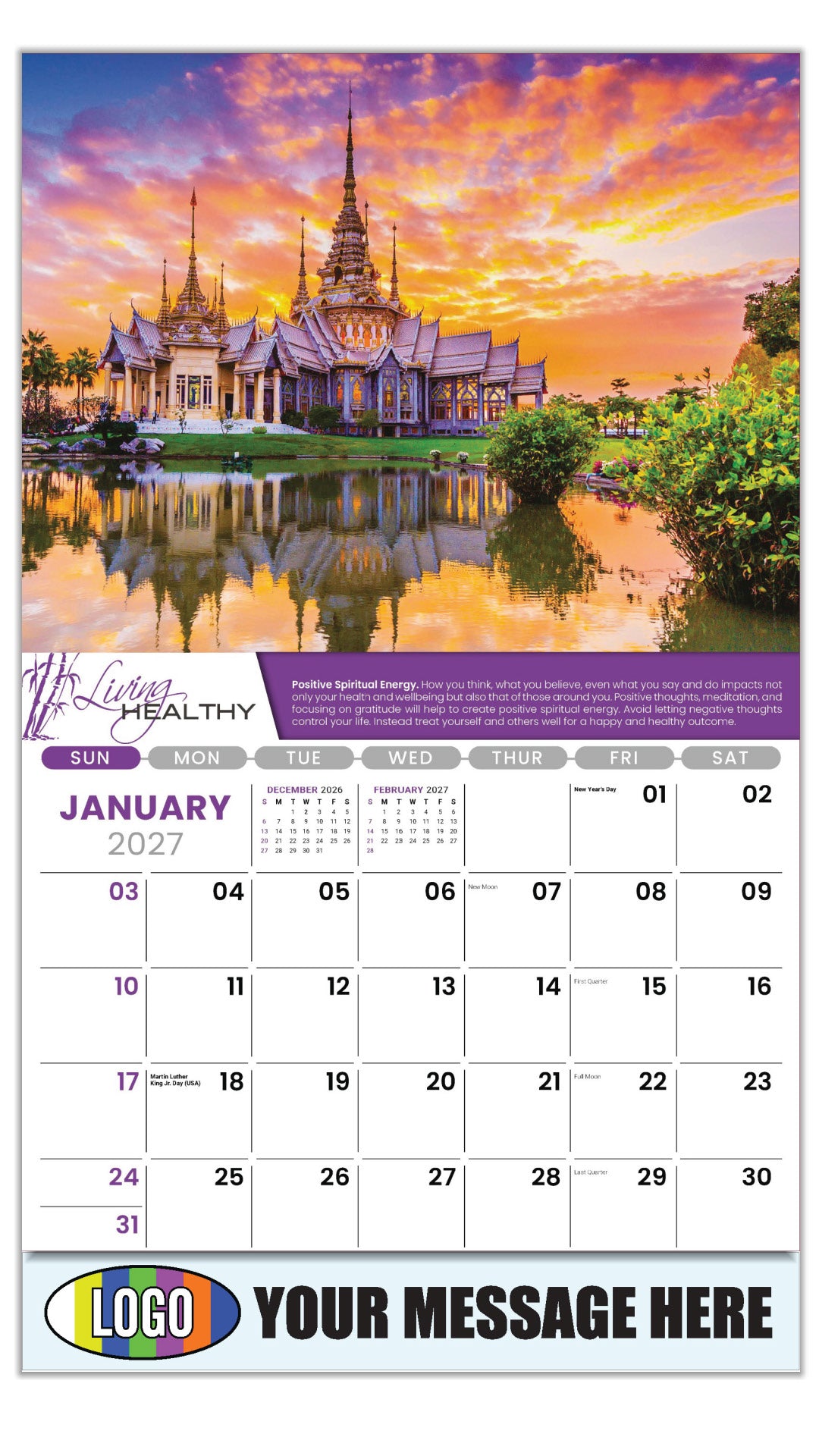 2027 Business Promotional Calendar  - Living Healthy - MINDFULLNESS AND SPIRITUALITY - Living Healthy – The Holistic Approach. - January