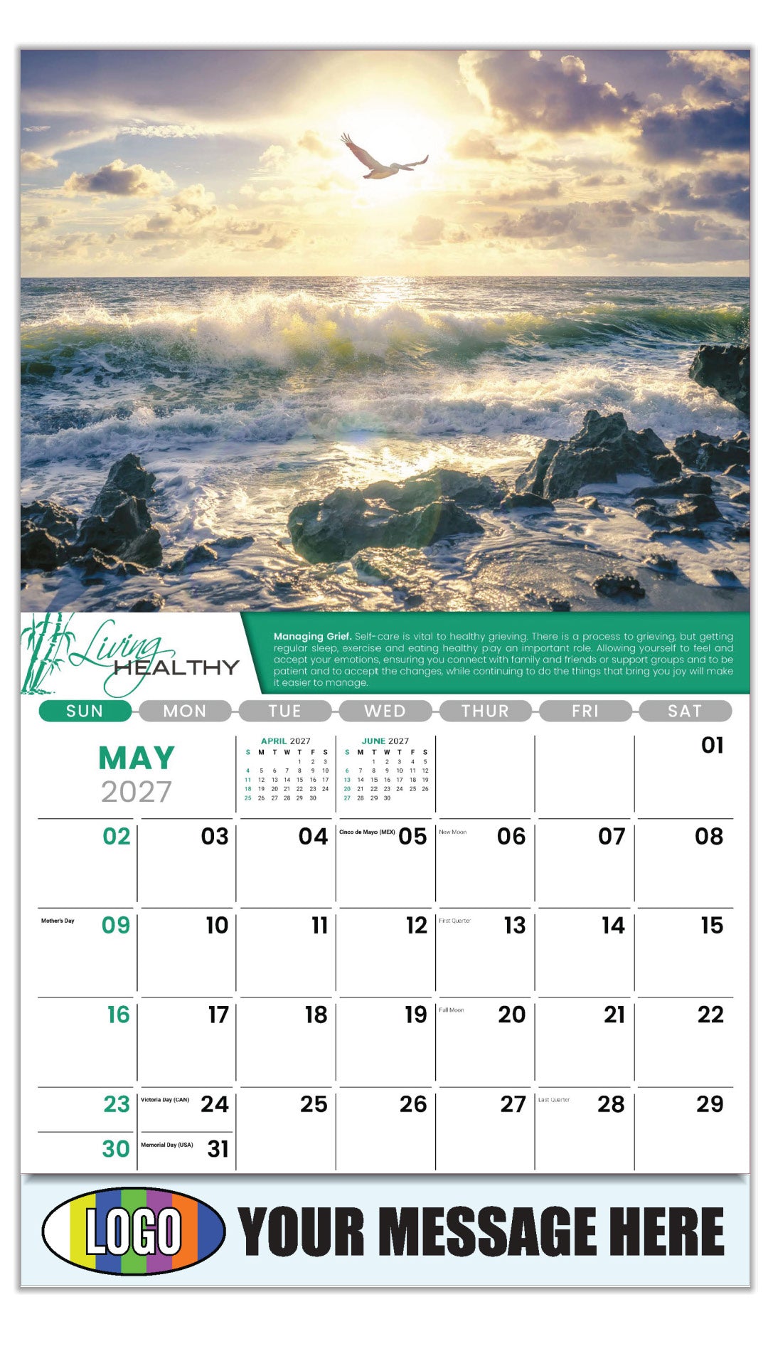 2027 Business Advertising Calendar  - Living Healthy - MANAGING GRIEF - Managing Grief. - May