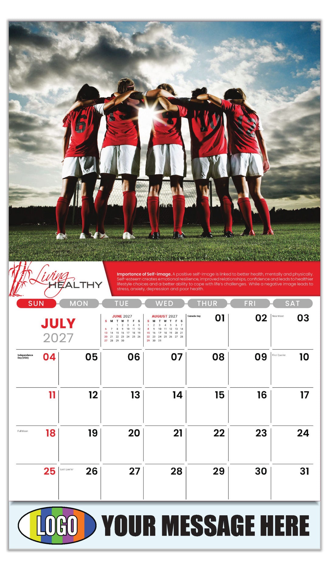 2027 Business Promo Calendar  - Living Healthy - SELF ESTEEM AND SELF-IMAGE - Importance of Self-image.  - July