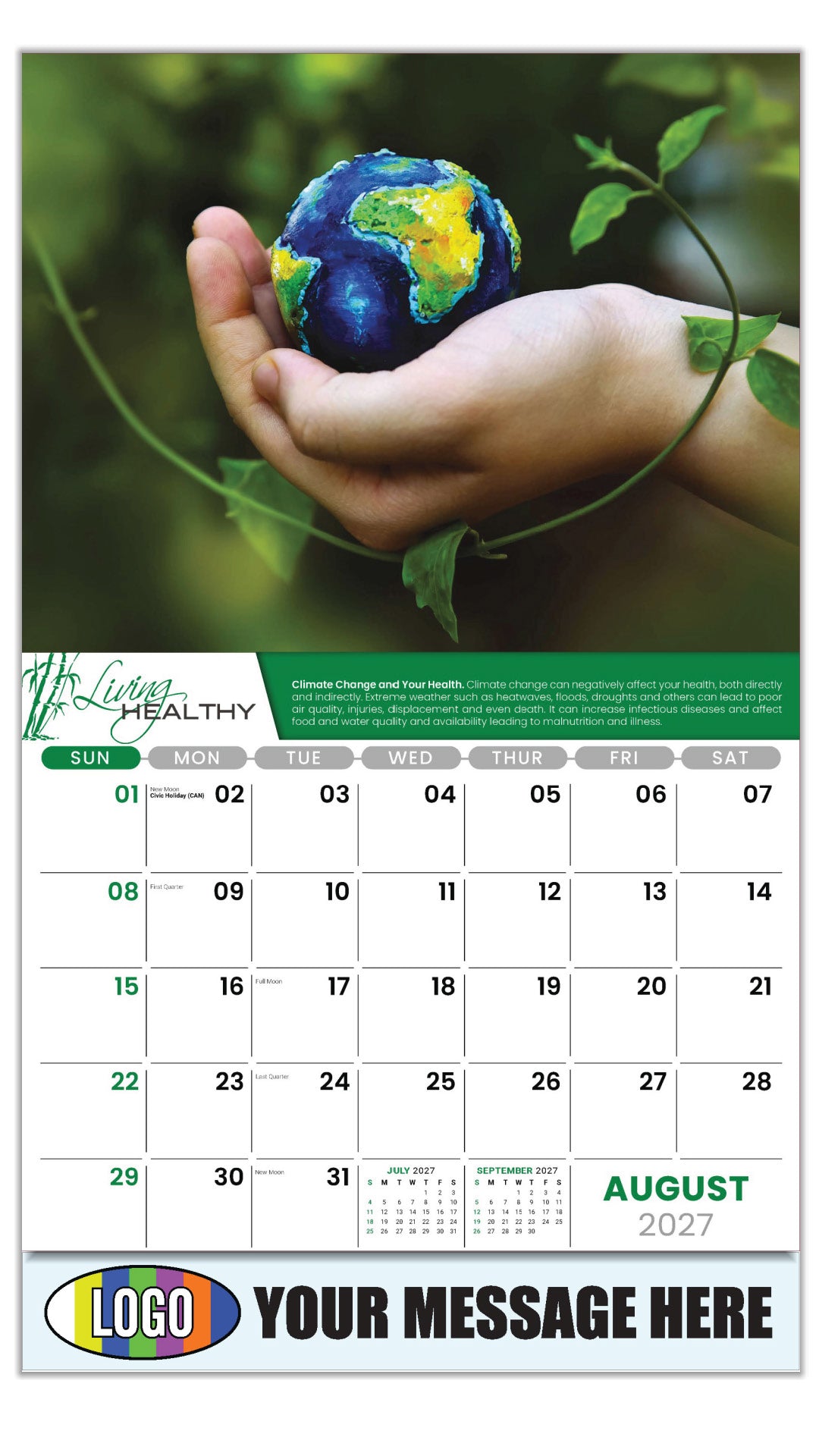 2027 Business Promo Calendar  - Living Healthy - CLIMATE CHANGE - Climate Change and Your Health. - August