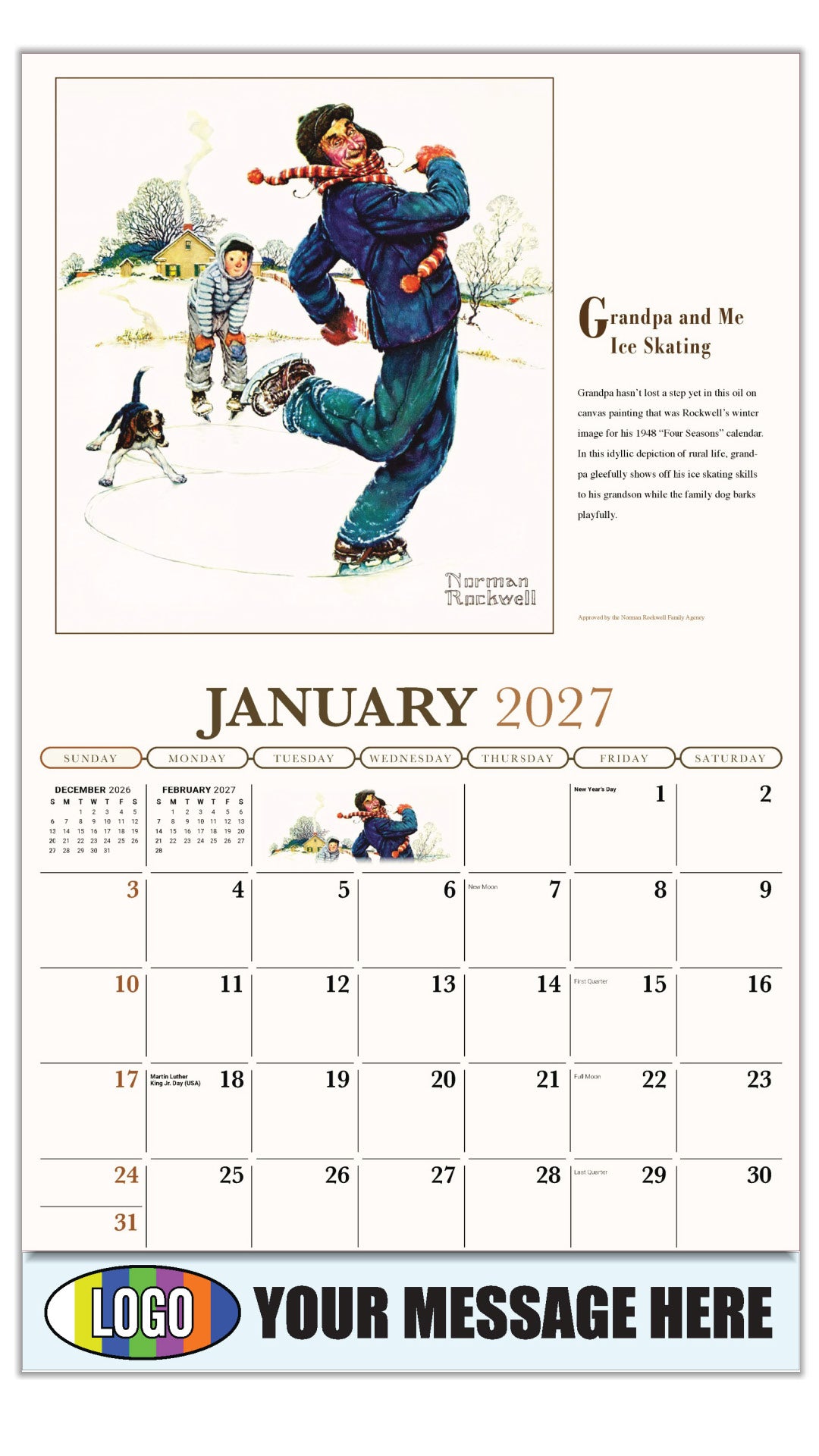 2027 Business Promotional Calendar - Memorable Images by Norman Rockwell - Grandpa and me skating - January