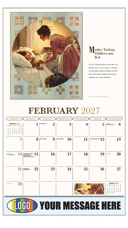2027 Business Promotional Calendar - Memorable Images by Norman Rockwell - Mother Tucking Children Into Bed - February