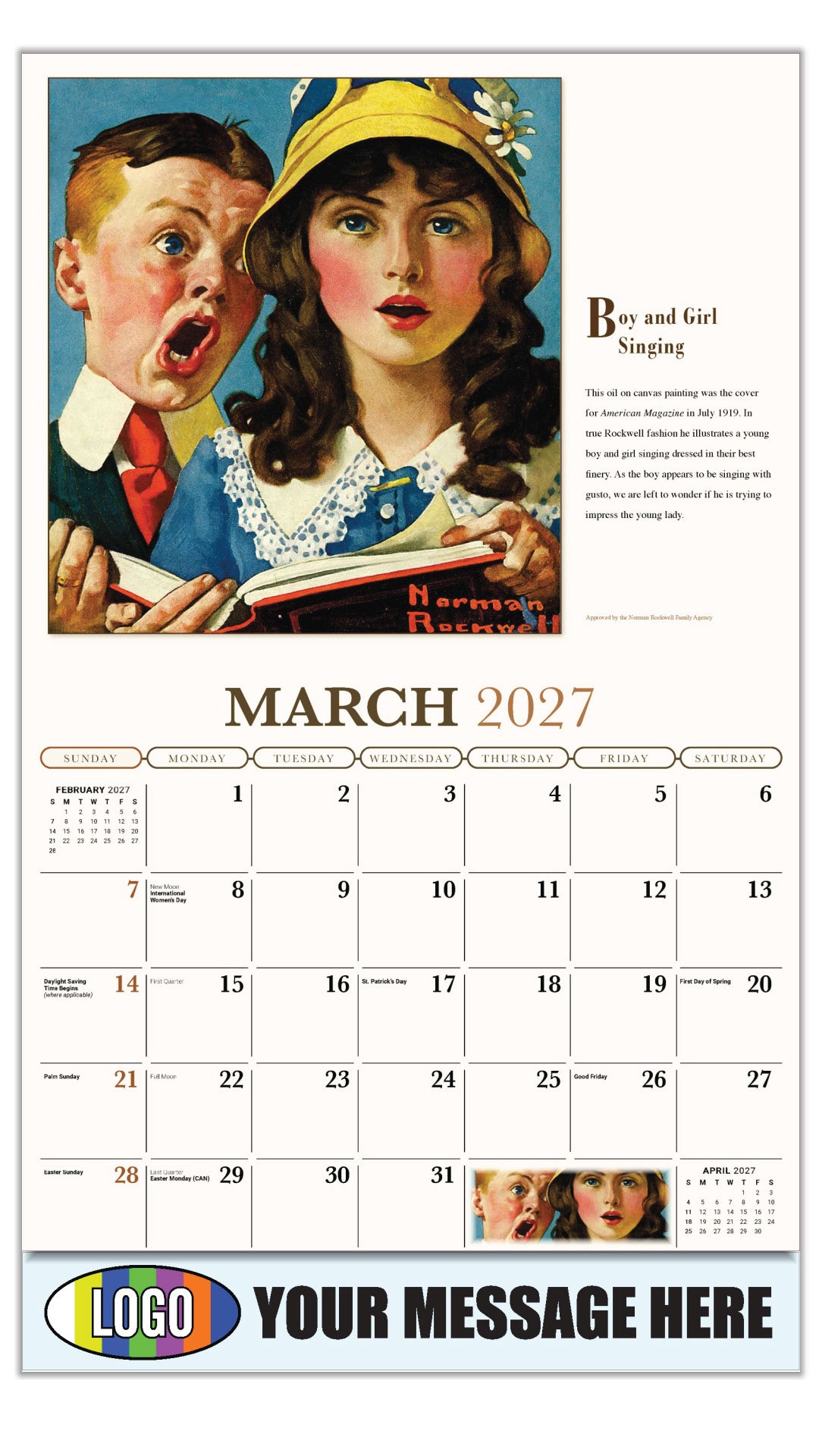 2027 Business Promotional Calendar - Memorable Images by Norman Rockwell - Boy and Girl Singing - March