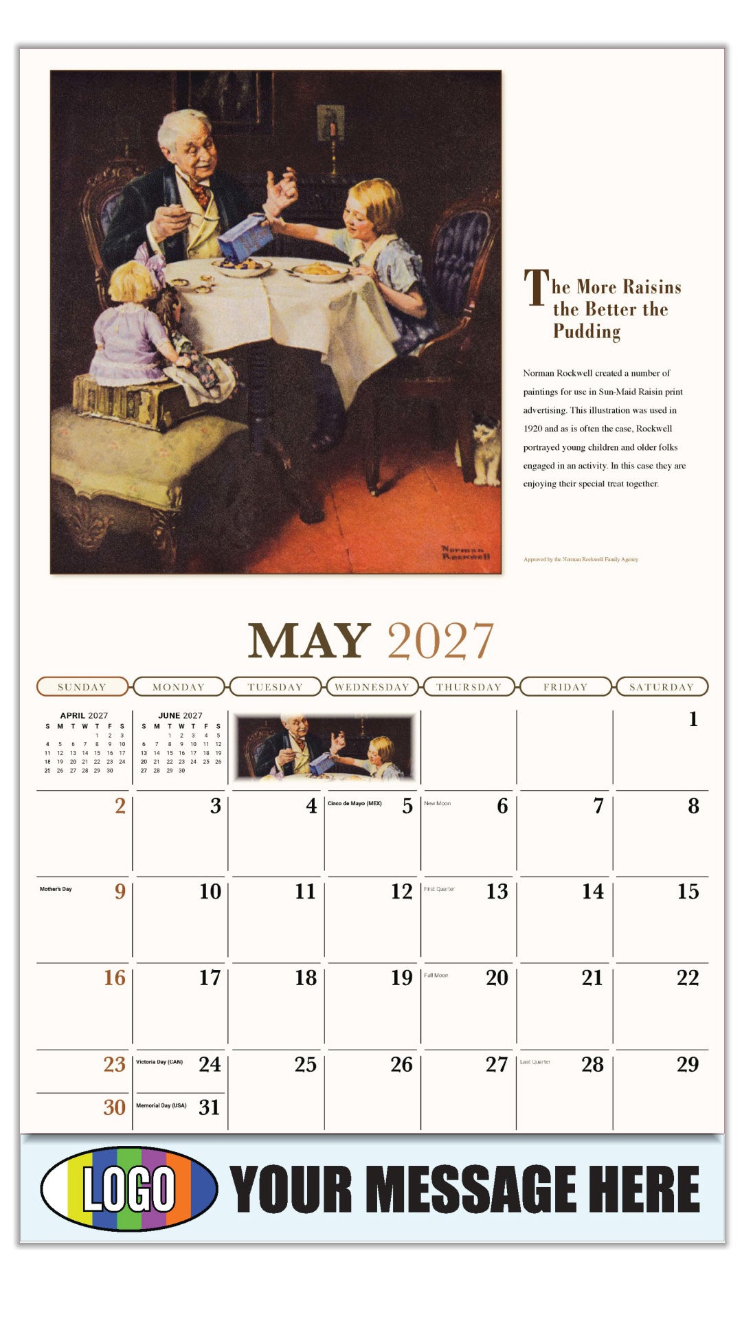 2027 Business Advertising Calendar - Memorable Images by Norman Rockwell - The More Raisins the Better the Pudding - May