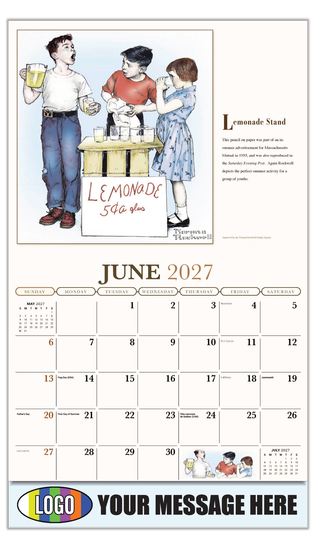 2027 Business Advertising Calendar - Memorable Images by Norman Rockwell - Lemonade Stand - June