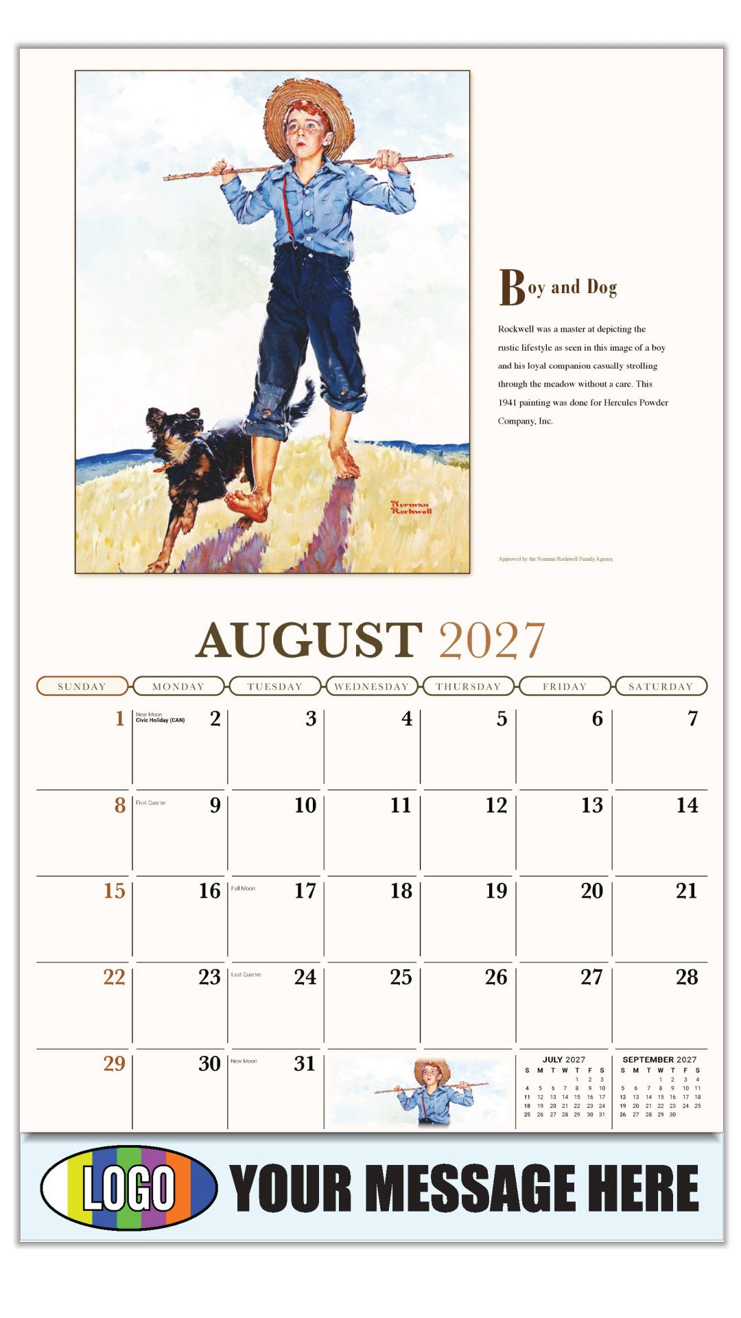 2027 Business Promo Calendar - Memorable Images by Norman Rockwell - Boy and dog - August