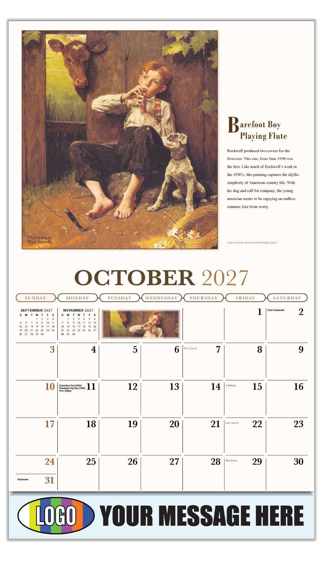 2027 Business Promotion Calendar - Memorable Images by Norman Rockwell - Barefoot Boy Playing Flute - October