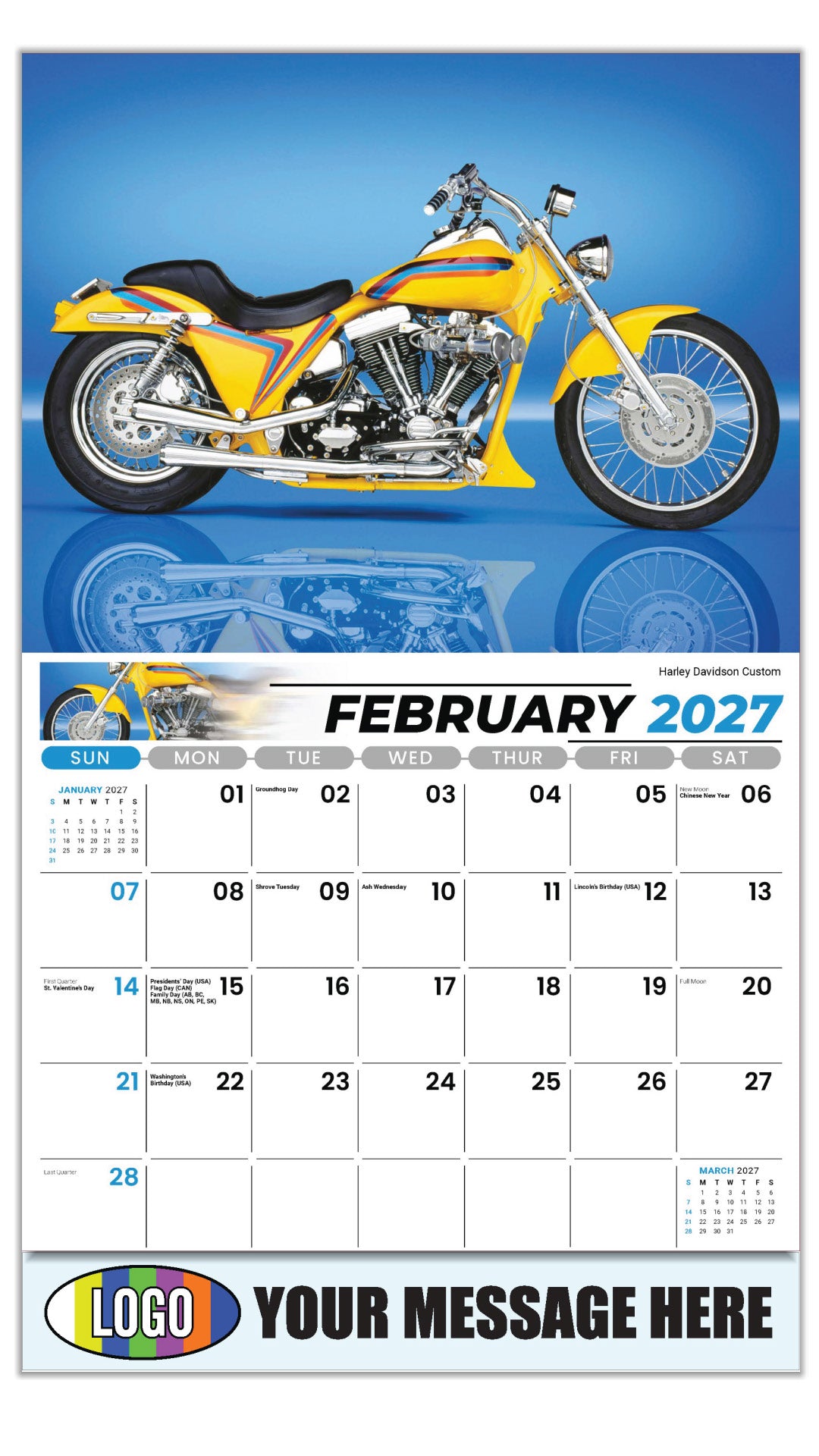 2027 Business Promotional Calendar - Motorcycle Mania - Harley Davidson Custom - February