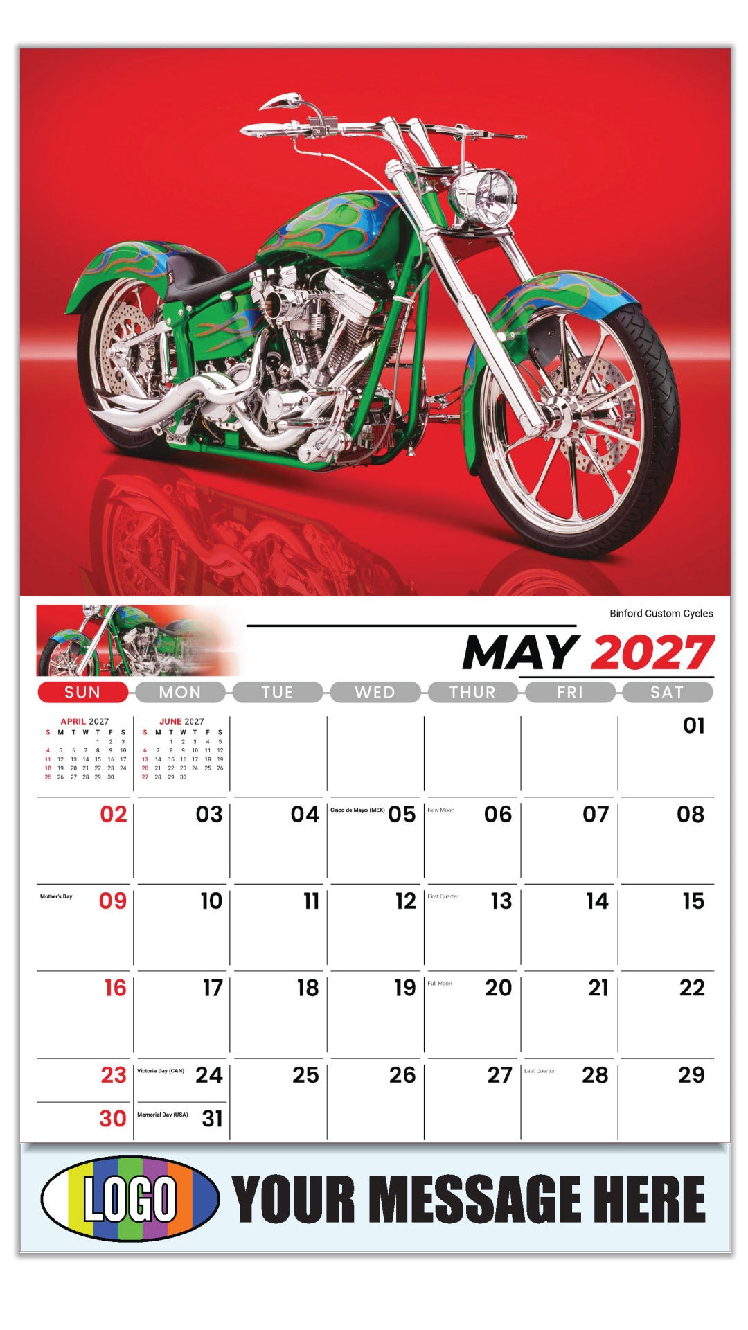 2027 Business Advertising Calendar - Motorcycle Mania - Binford Custom Cycles - May