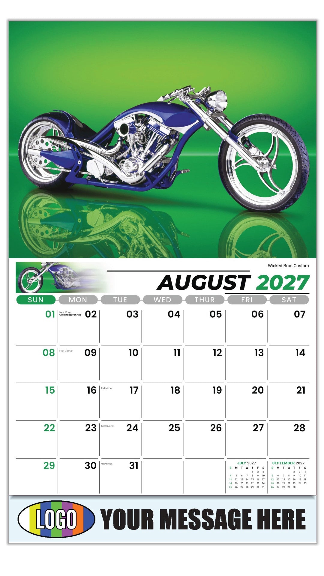 2027 Business Promo Calendar - Motorcycle Mania - Wicked Bros Custom  - August