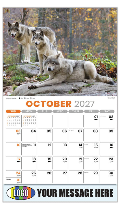 2027 Business Promotion Calendar - North American Wildlife - Timber Wolf - October