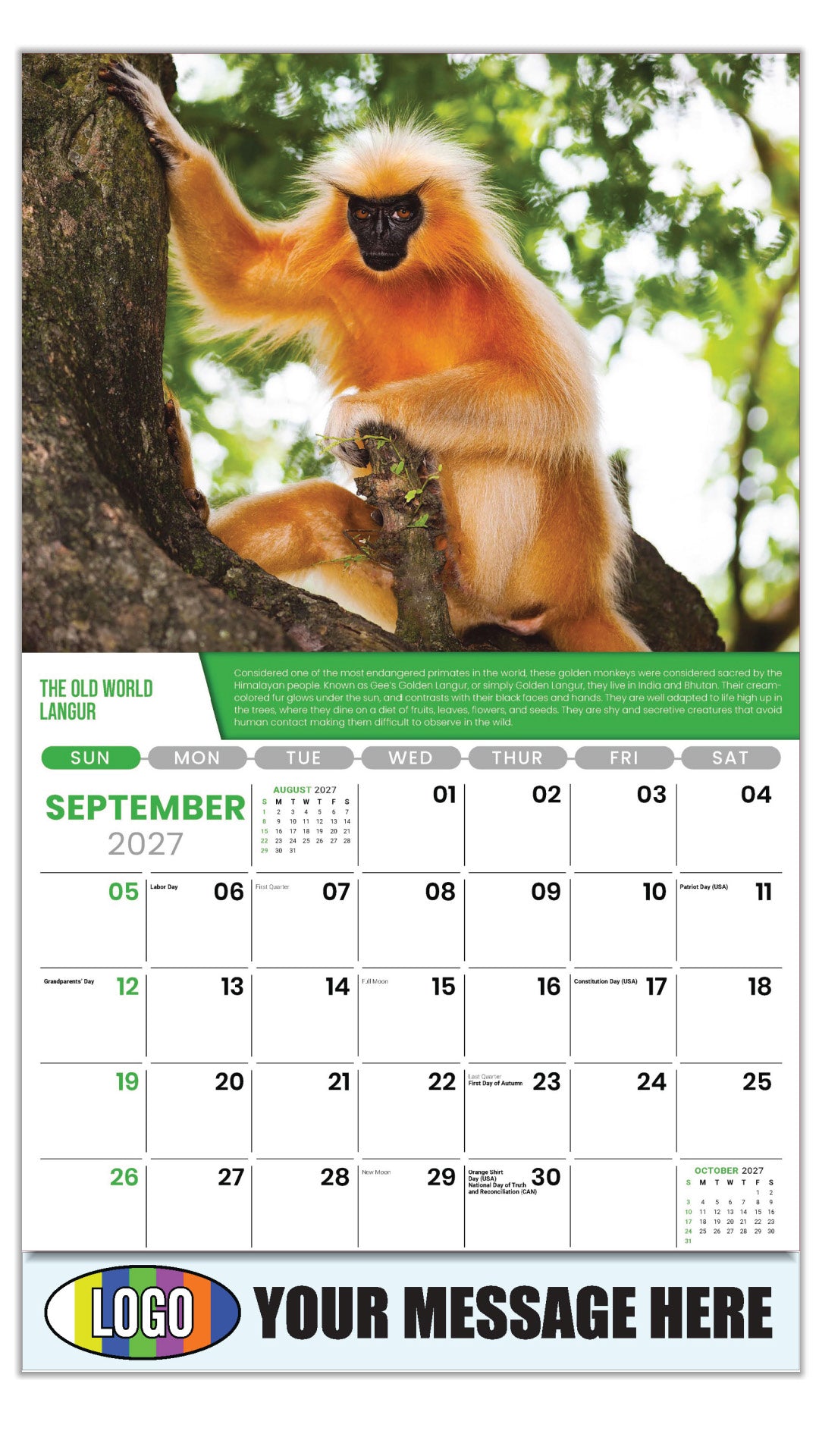 2027 Business Promo Calendar Planet Earth - September - The Old World Langur
