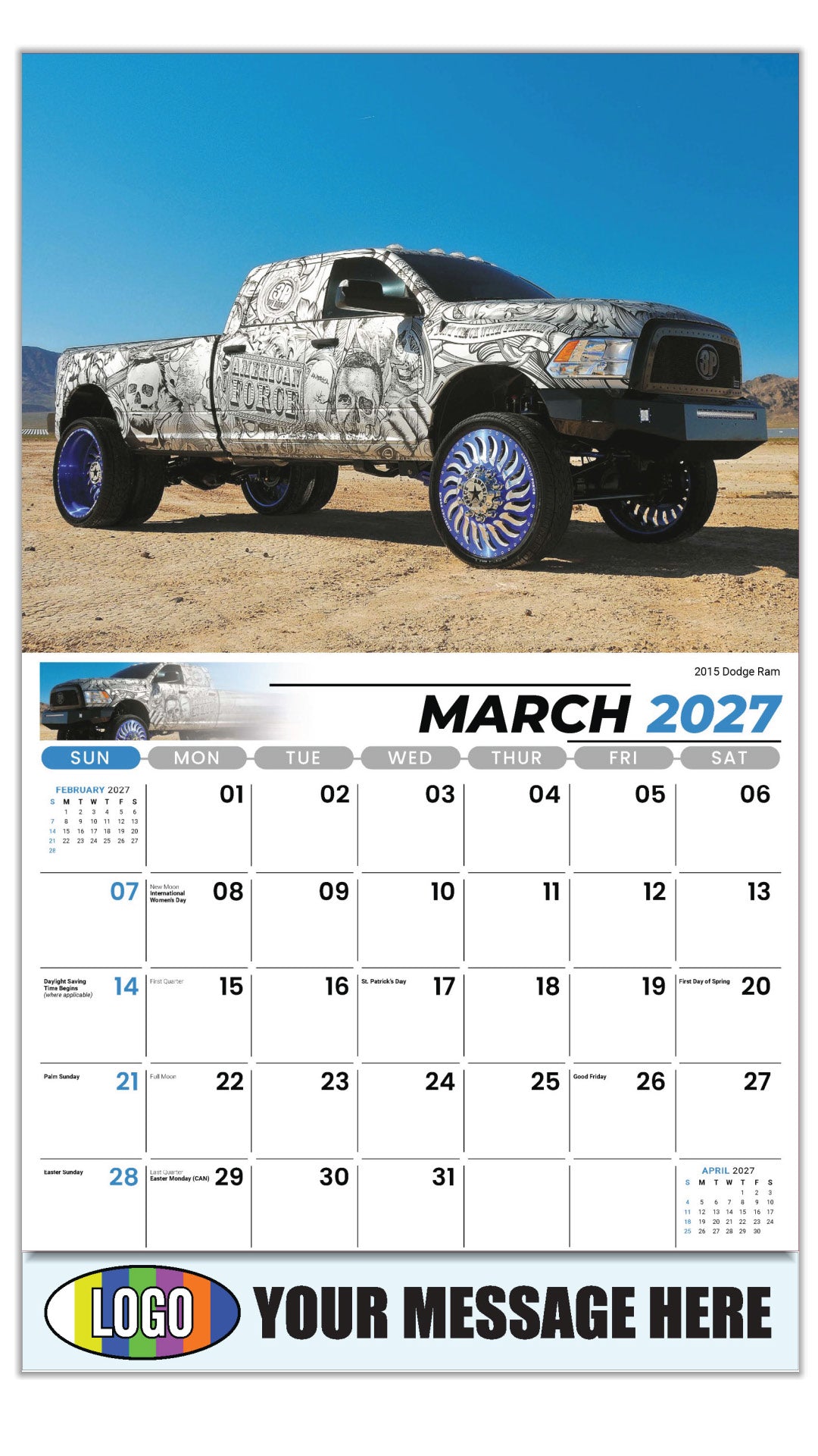 2027 Business Promotional Calendar - Pumped-Up Pickups - 2015 Dodge Ram - March
