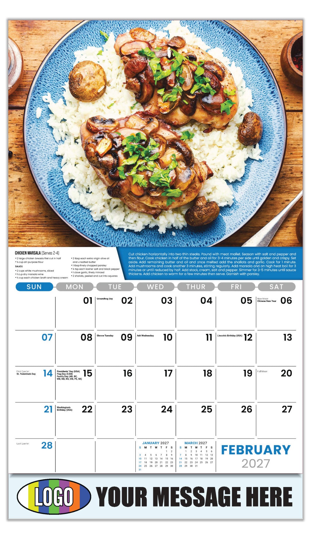 Chicken Marsala - Recipe - 2027 Business Promotional Calendar - February