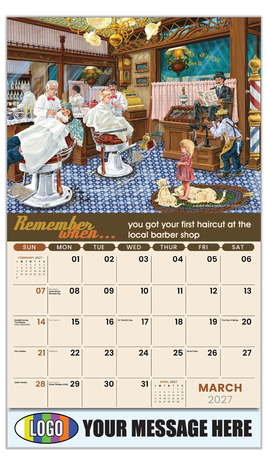 2027 Business Promotional Calendar - Remember When -  A Shave and a Haircut by Joseph Burgess - March