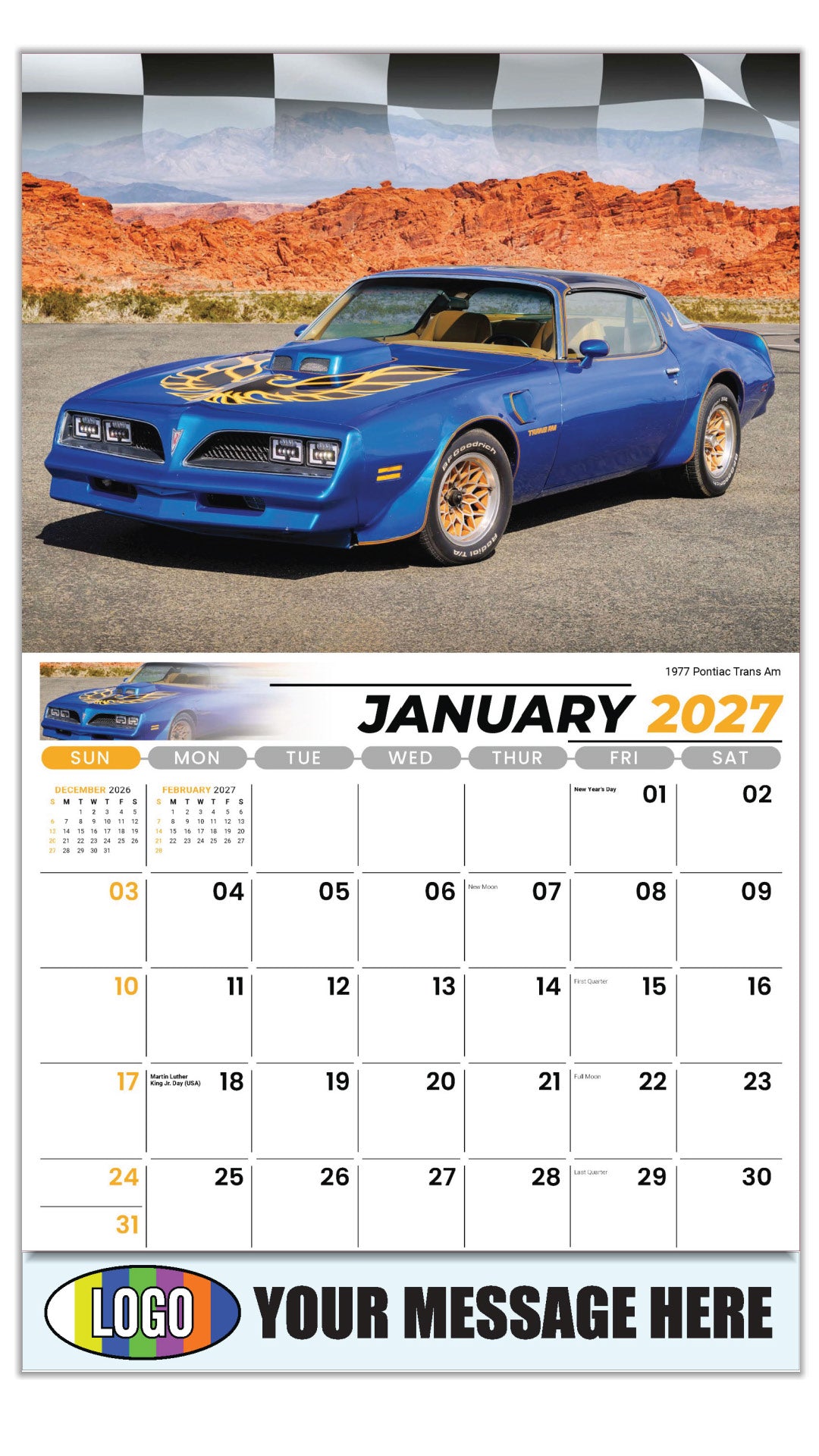 2027 Business Promotional Calendar - Road Warriors - 1977 Pontiac Trans Am - January