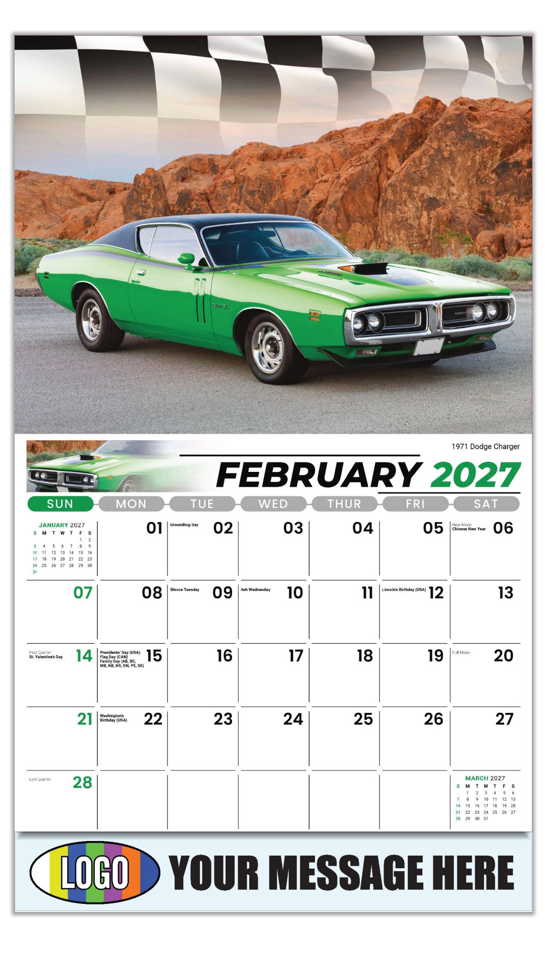 2027 Business Promotional Calendar - Road Warriors - 1971 Dodge Charger - February
