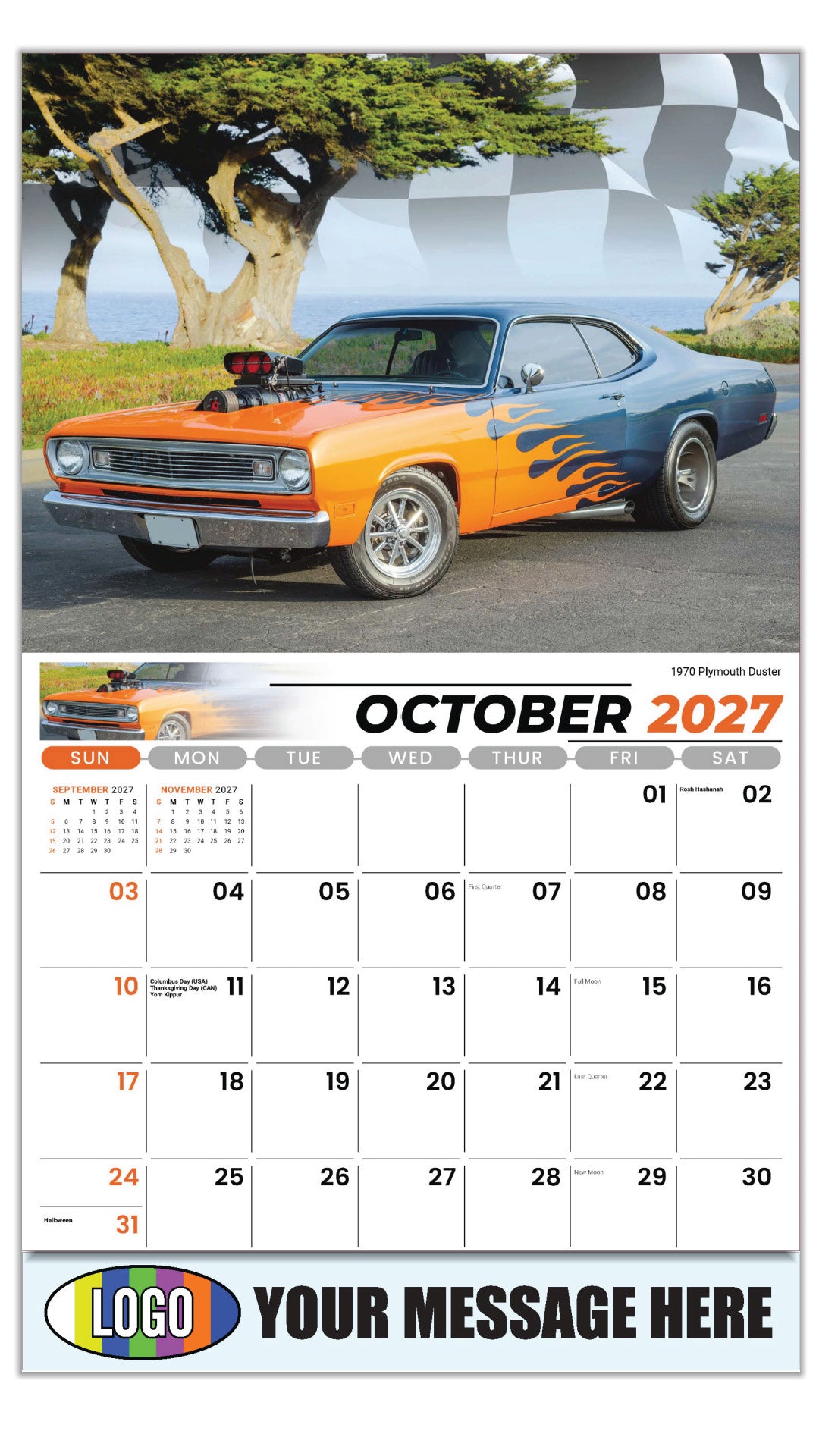 2027 Business Promotion Calendar - Road Warriors - 1970 Plymouth Duster - October