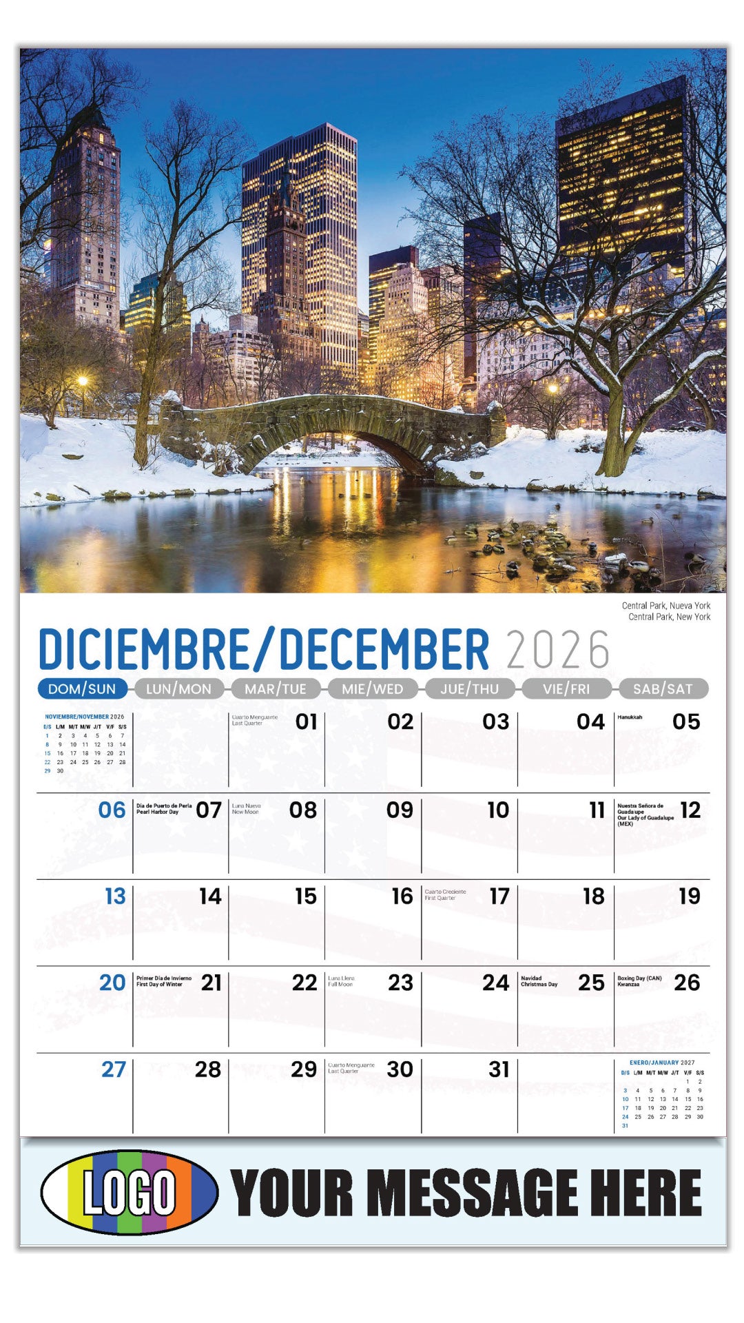 2027 Business Promotional Calendar - Scenes of America Bilingual - Central Park, Nueva York - December_a