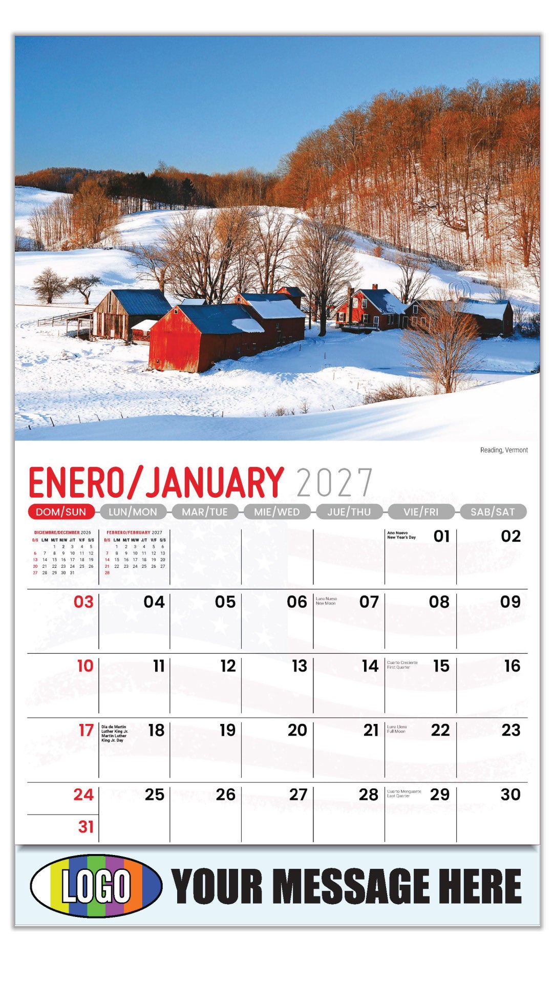 2027 Business Promotional Calendar - Scenes of America Bilingual - Reading, Vermont
 - January