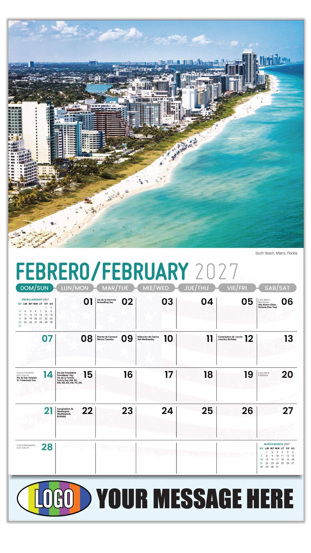 2027 Business Promotional Calendar - Scenes of America Bilingual - South Beach, Miami, Florida  - February