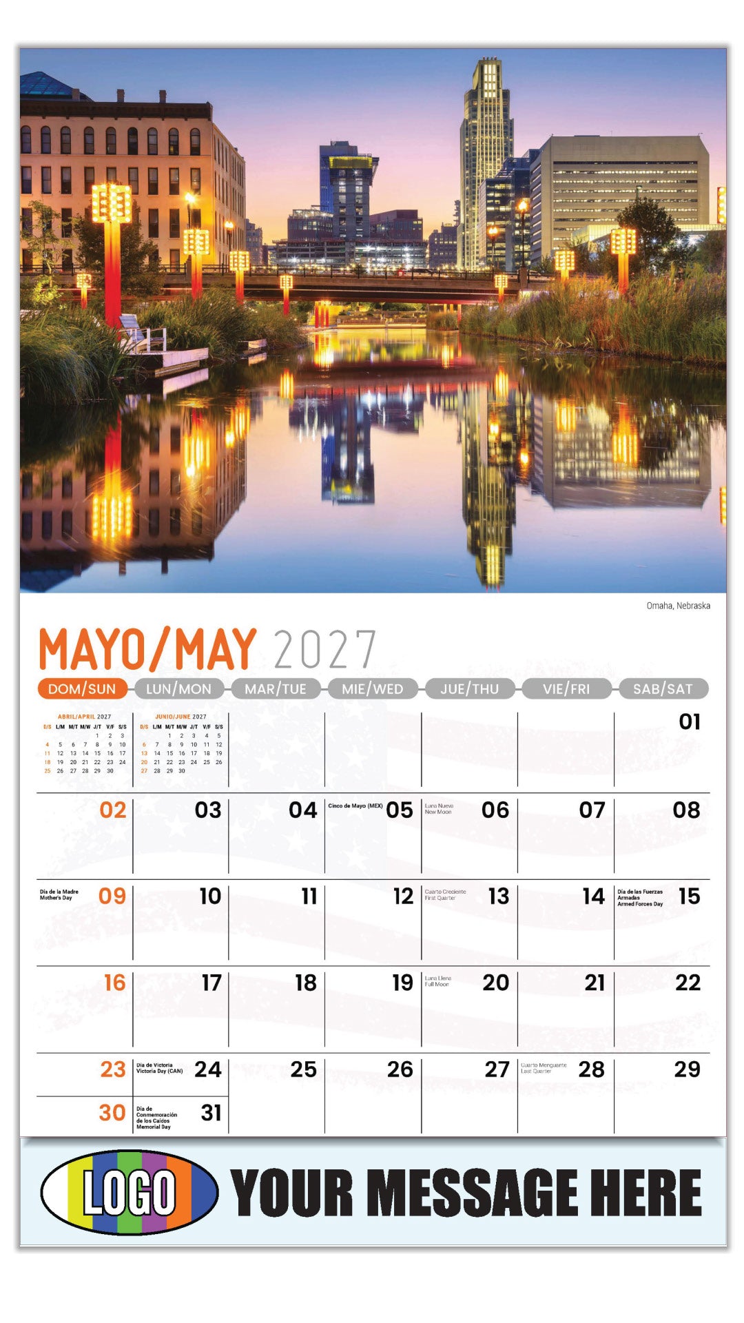 2027 Business Advertising Calendar - Scenes of America Bilingual - Omaha, Nebraska - May
