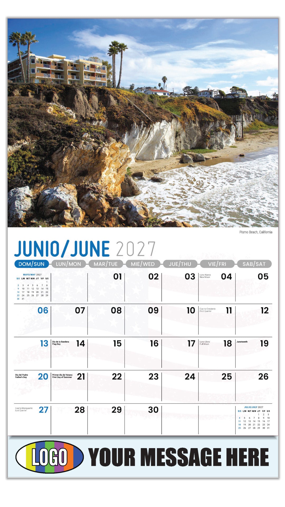2027 Business Advertising Calendar - Scenes of America Bilingual - Pismo Beach, California - June