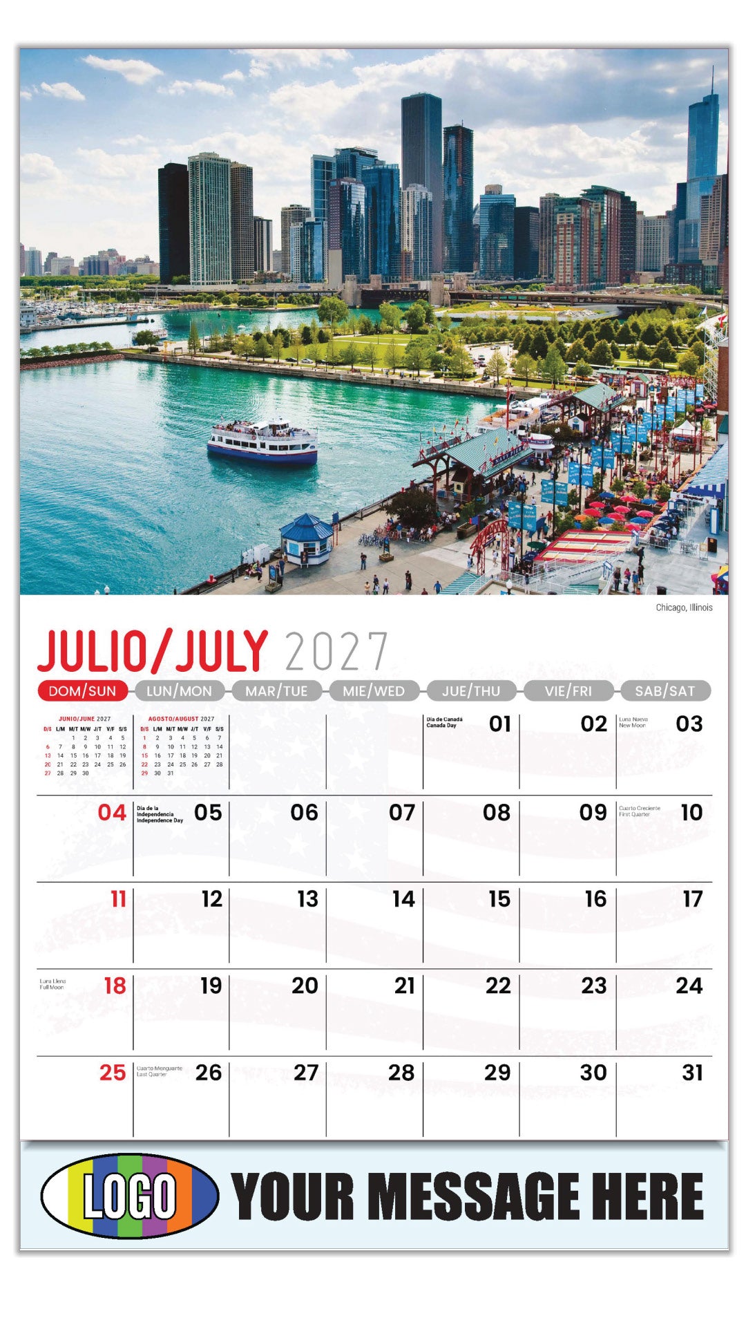 2027 Business Promo Calendar - Scenes of America Bilingual - Chicago, Illinois  - July