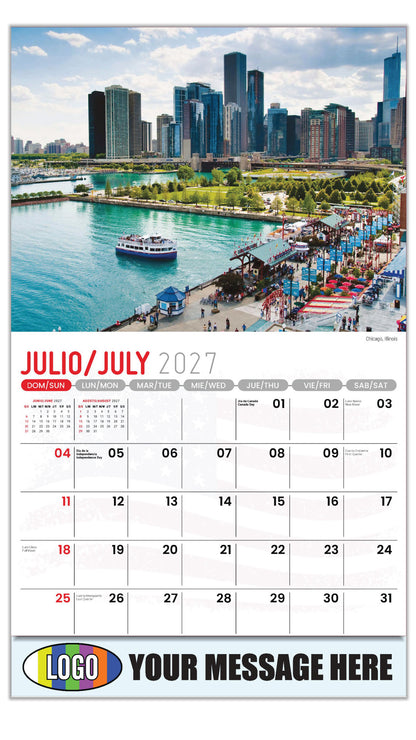 2027 Business Promo Calendar - Scenes of America Bilingual - Chicago, Illinois  - July