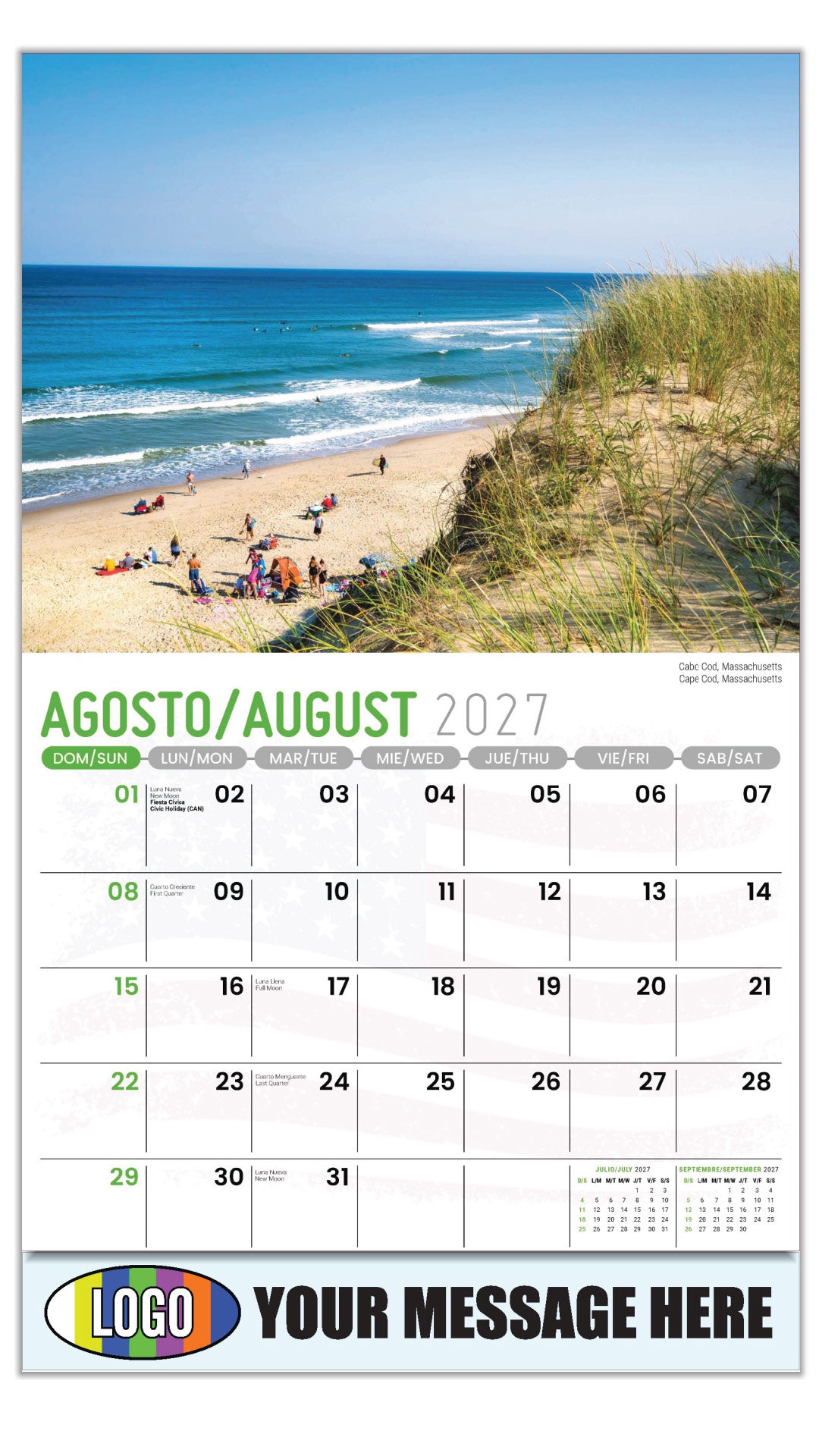 2027 Business Promo Calendar - Scenes of America Bilingual - Cabo Cod, Massachusetts - August