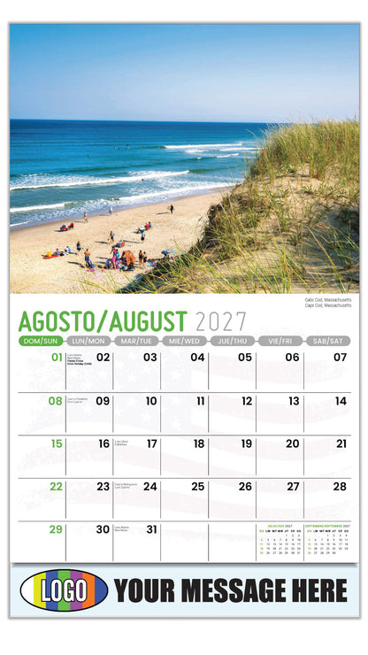 2027 Business Promo Calendar - Scenes of America Bilingual - Cabo Cod, Massachusetts - August