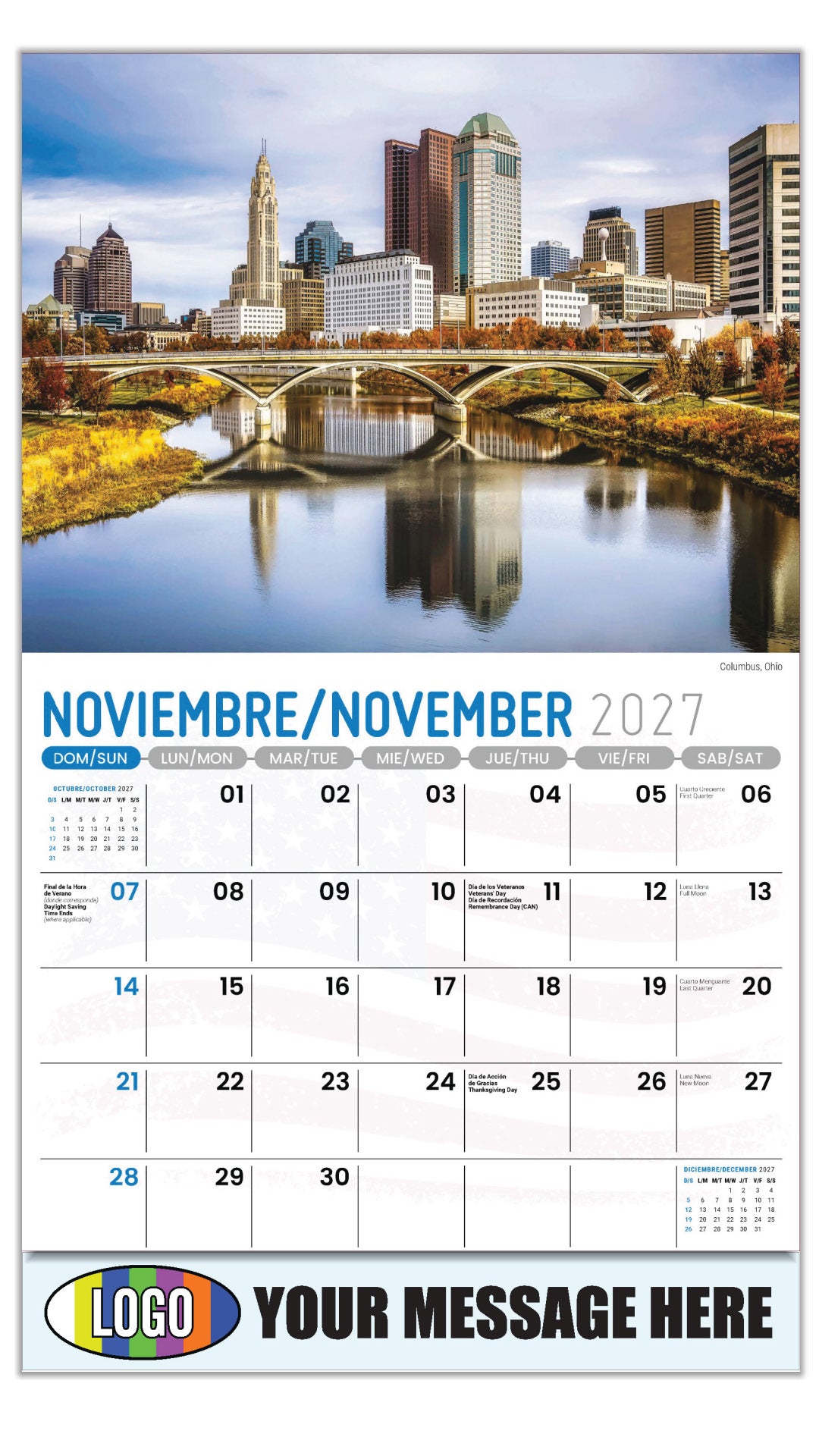 2027 Business Promotion Calendar - Scenes of America Bilingual - Columbus, Ohio - November