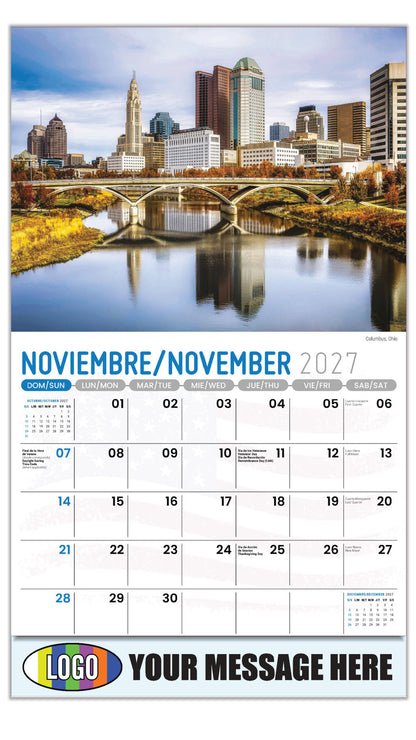 2027 Business Promotion Calendar - Scenes of America Bilingual - Columbus, Ohio - November