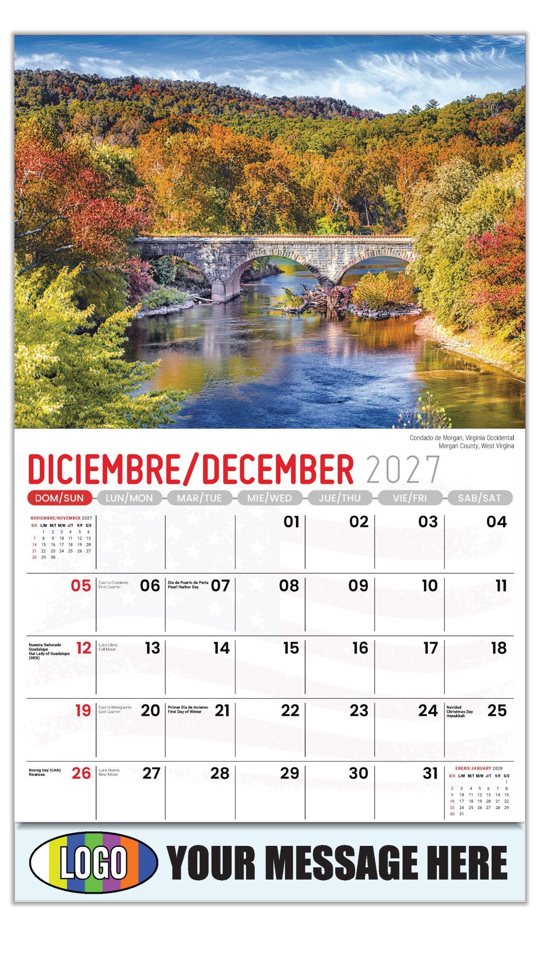 2027 Business Promotion Calendar - Scenes of America Bilingual - Condado de Morgan, Virginia Occidental - December